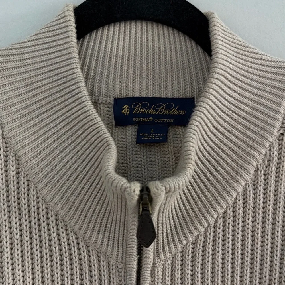 Brooks Brothers Mens Supima Cotton Full Zip Ribbed Cardigan Sweater‎ Beige L